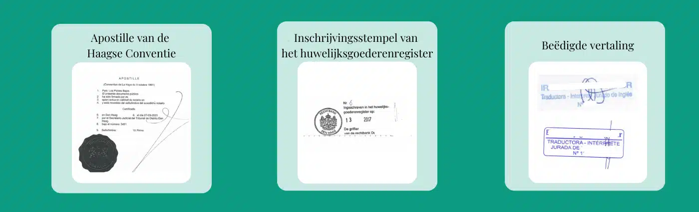 Voorbeelden van zegels en handtekeningen op huwelijkse voorwaarden in Spanje en Nederland
